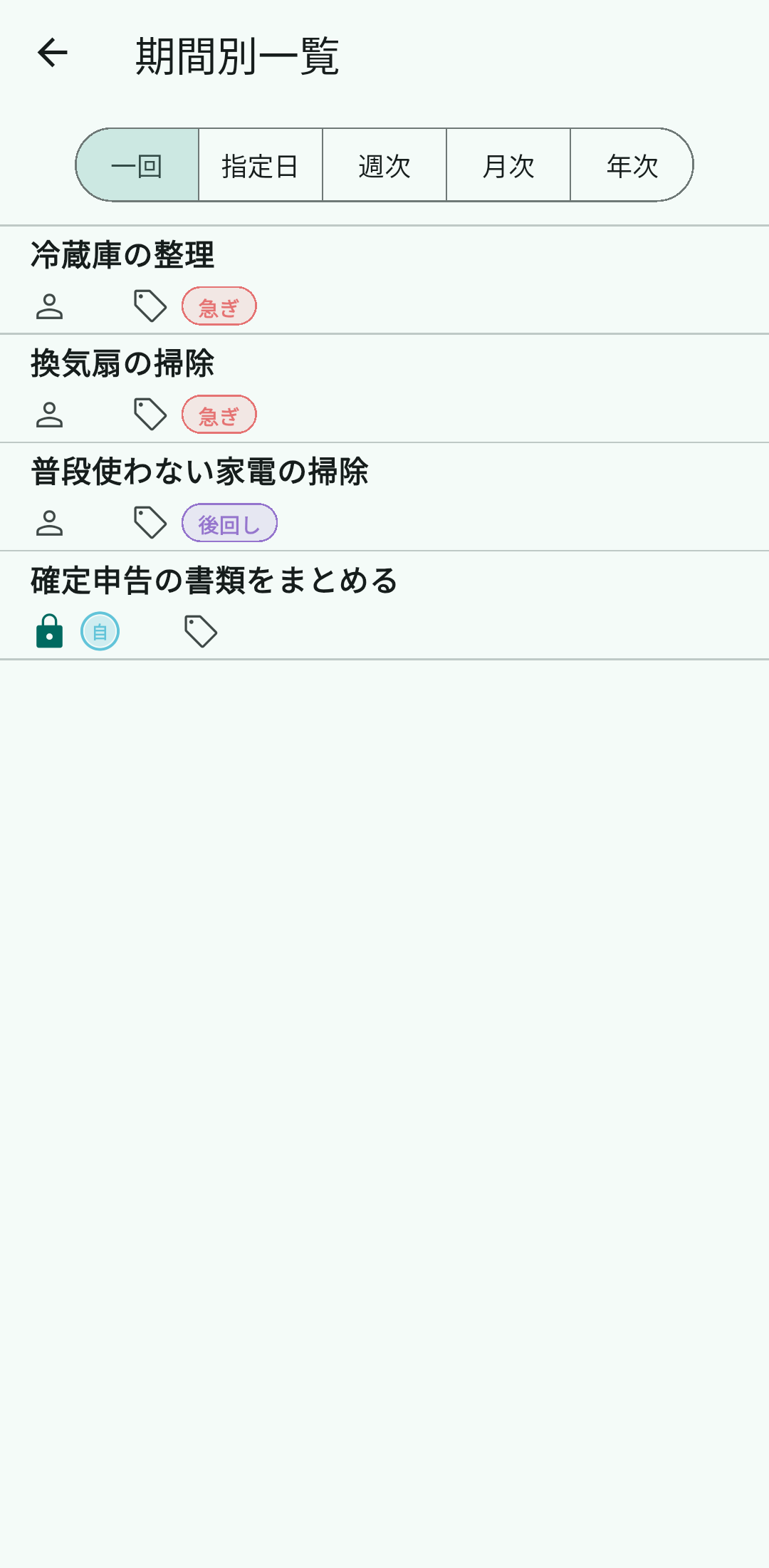 期間ごとに登録されている家事の一覧